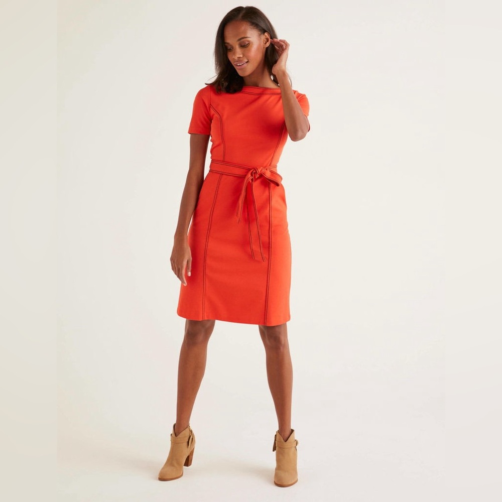 Boden Rebecca Point Shift Tie Waist Dress Orange/Red Short Sleeve Size 14R